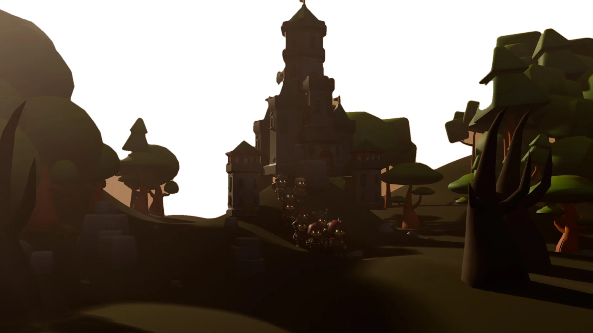 A dark castle among round trees against a burning sunset, skeletons with glowing eyes coming down the hill