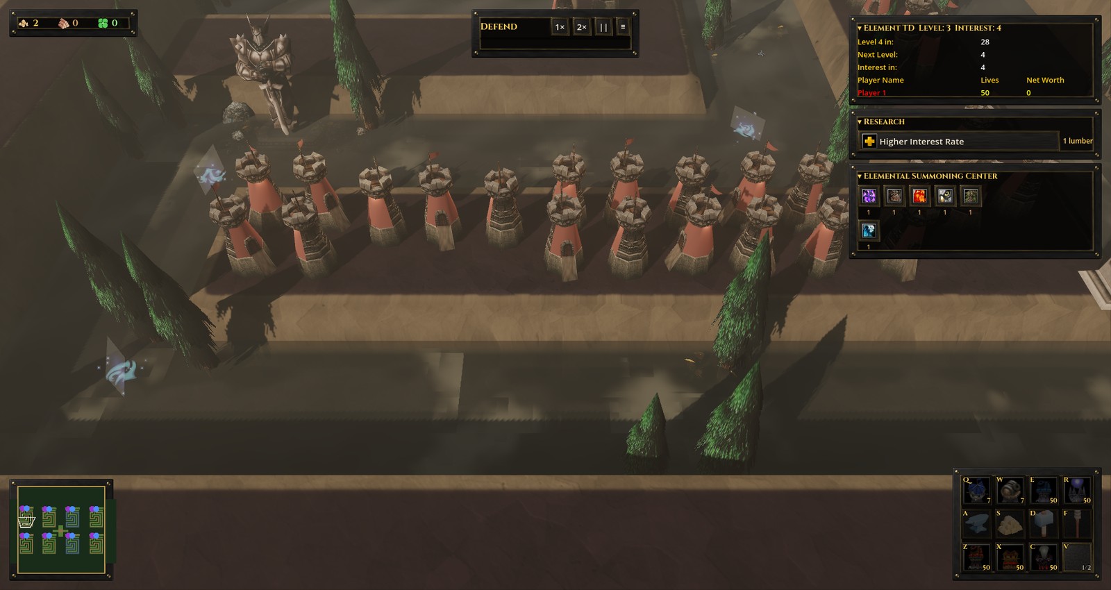 A long row of red roofed towers on the terraces of Element TD, with its research and summoning panels open