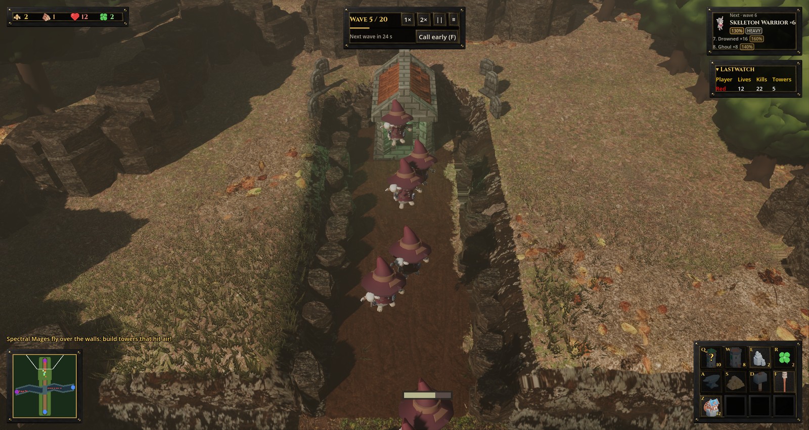 Skeletons march out of a temple along a muddy lane on Drowned Ford, between walls of rock