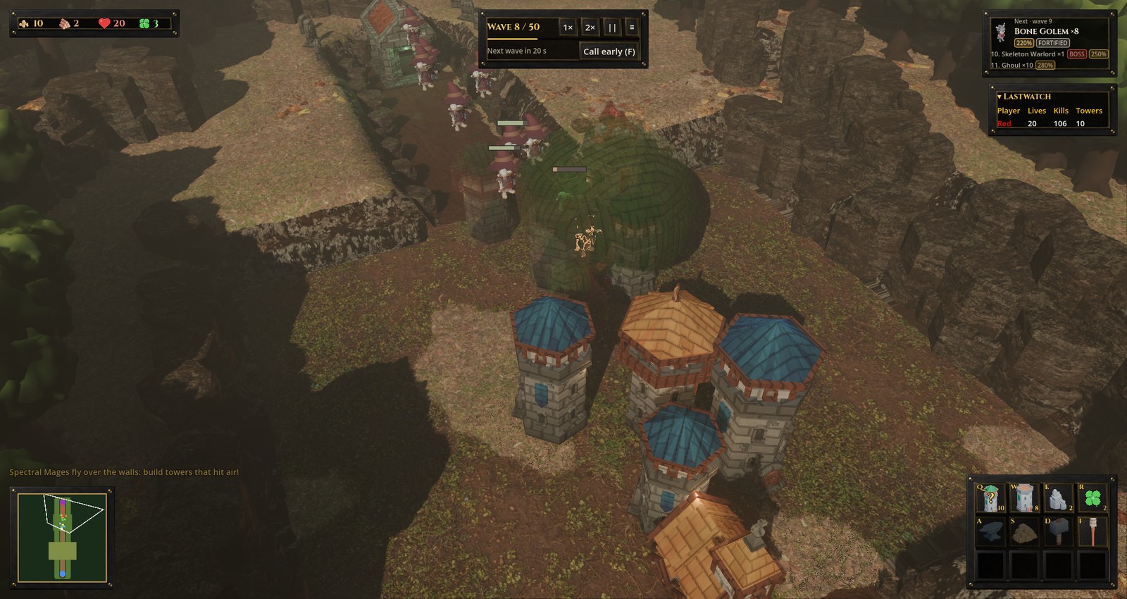 Late in a match: blue and orange roofed towers crowd a bend while skeleton mages drift in over the walls