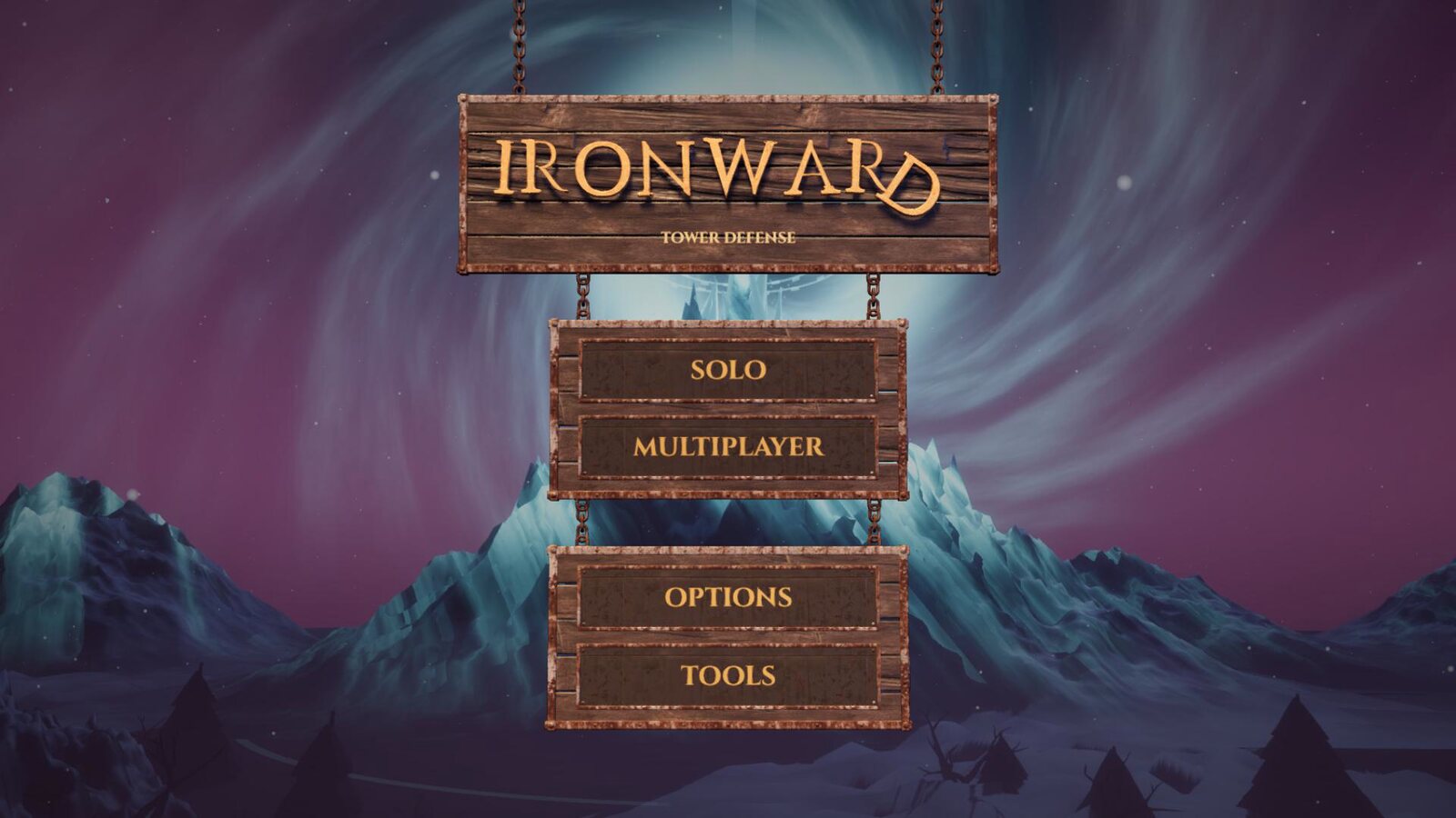 The title screen: wooden signs bound in rusty iron hang on chains under an aurora, the D of IRONWARD on its last nail