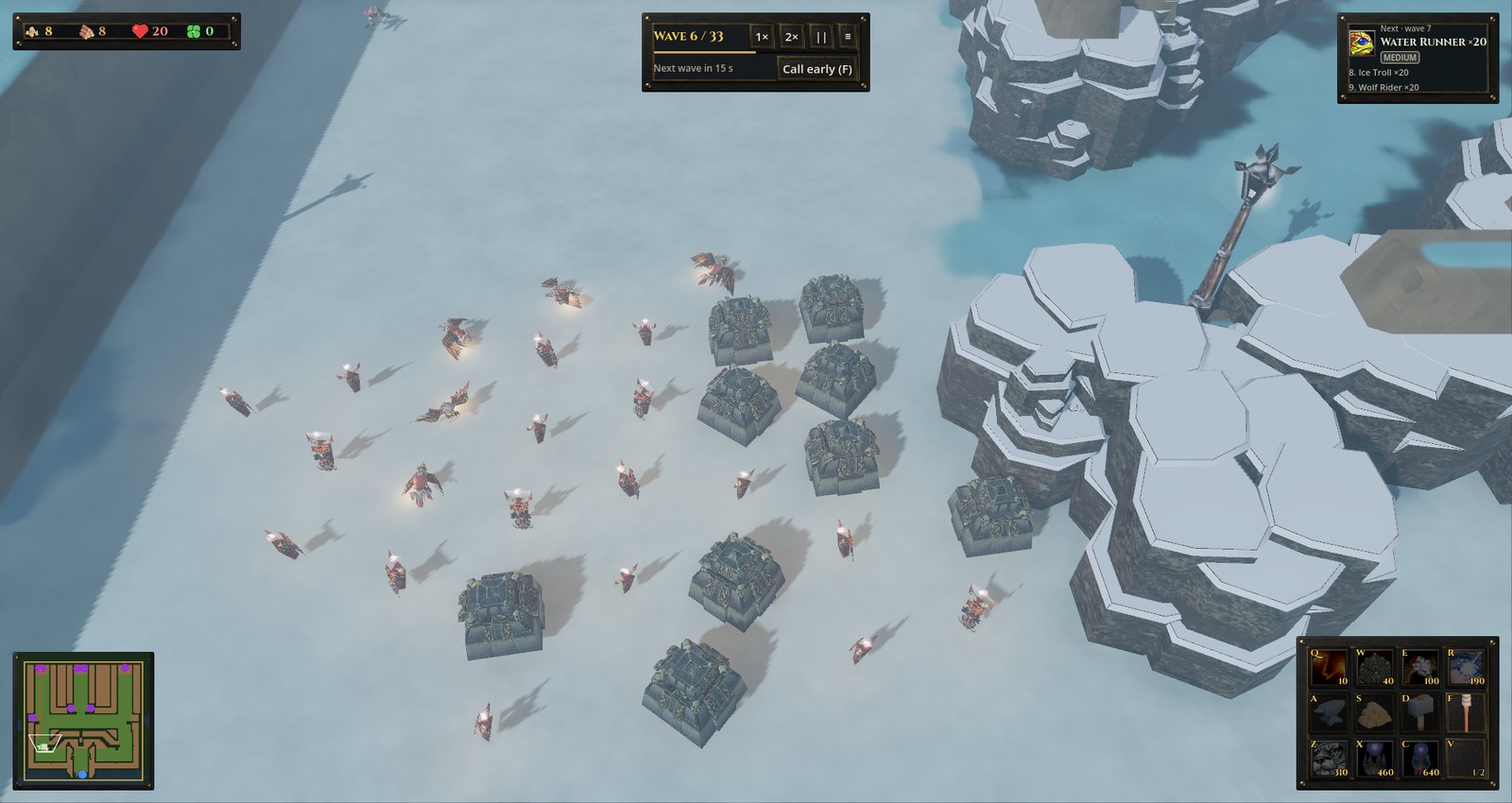 Creeps cross a snowfield past stone towers and hexagonal ice cliffs on Wintermaul